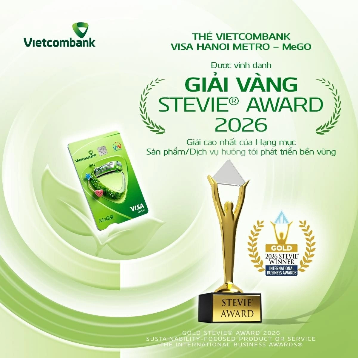 Thẻ Vietcombank Visa Hanoi Metro – MeGO giành Giải Vàng Stevie® Award 2026, đại diện duy nhất hạng mục Phát triển bền vững