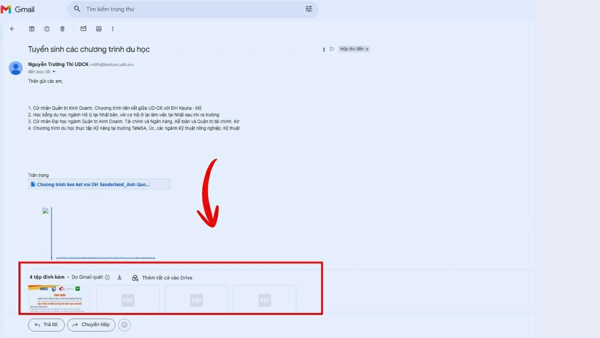 Đăng nhập Gmail trên trình duyệt và mở email có file PDF đính kèm.
