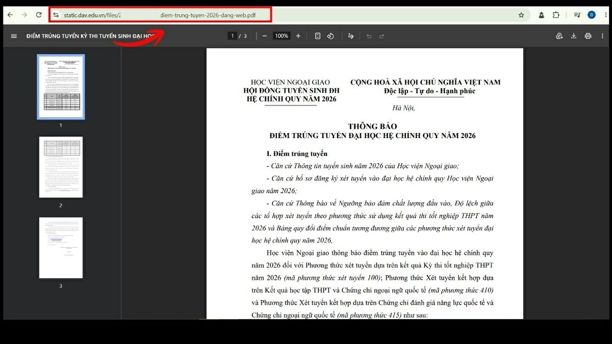 Mở liên kết chứa file PDF trên trang web.