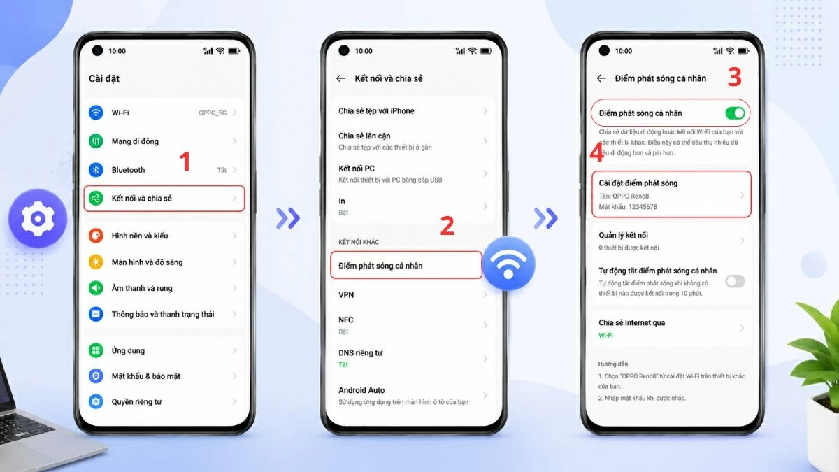 Mở Cài đặt trên OPPO, sau đó tìm và chọn Kết nối và chia sẻ.