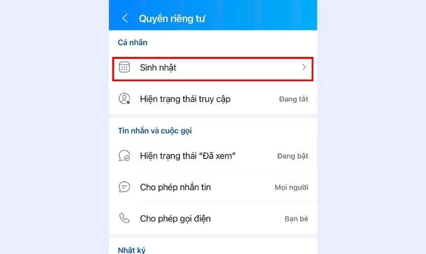 Chọn thiết lập Sinh nhật.