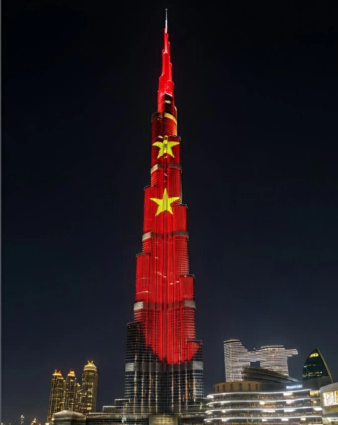 Tòa tháp Burj Khalifa rực rỡ sắc đỏ sao vàng trong dịp Quốc khánh Việt Nam. (Nguồn: News Emirati) Tòa tháp Burj Khalifa rực rỡ sắc đỏ sao vàng trong dịp Quốc khánh Việt Nam. (Nguồn: News Emirati)