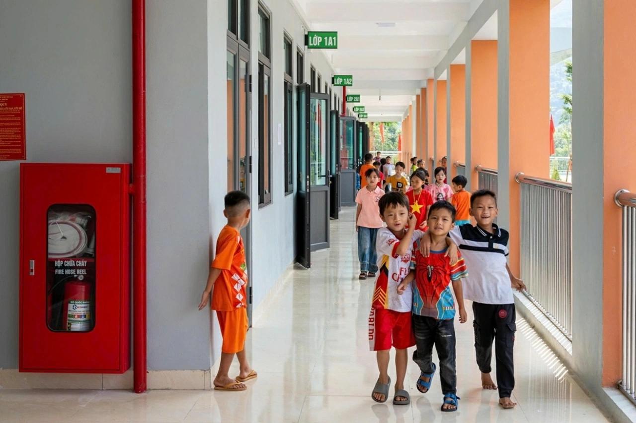 Các em học sinh Trường Phổ thông Nội trú TH & THCS PETROVIETNAM - Phong Thổ háo hức trước lễ khai giảng năm học mới.