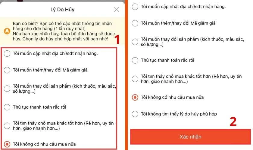 Chọn nguyên nhân và xác nhận.