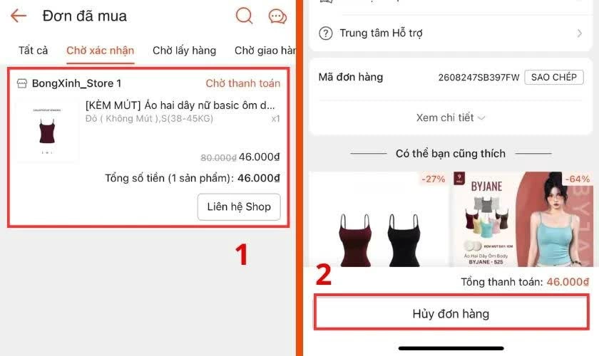 Mở chi tiết và gửi yêu cầu hủy.