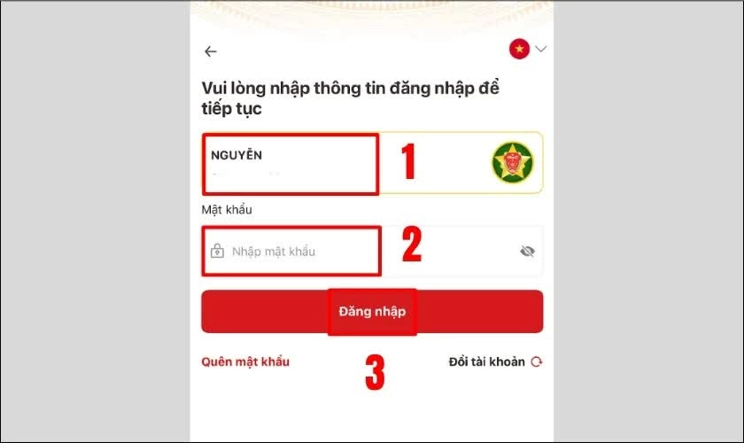 Điền chính xác số Căn cước công dân cùng mật khẩu đã đăng ký. 