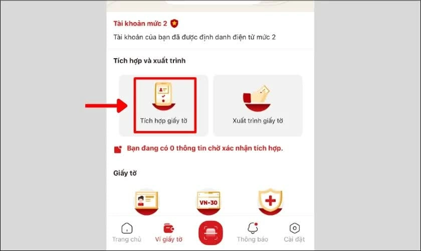 Mở 'Tích hợp giấy tờ' và tạo yêu cầu mới.