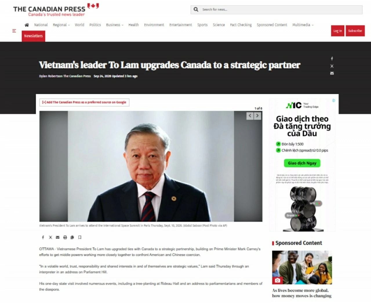 The Canadian Press: Việc thiết lập quan hệ Đối tác chiến lược Việt Nam-Canada cho thấy hai nước sẽ tăng cường hợp tác trong các mục tiêu dài hạn The Canadian Press: Việc thiết lập quan hệ Đối tác chiến lược Việt Nam-Canada cho thấy hai nước sẽ tăng cường hợp tác trong các mục tiêu dài hạn