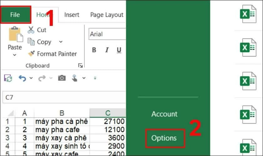 Mở thẻ File trên thanh công cụ, sau đó chọn Options để truy cập phần cài đặt Excel.