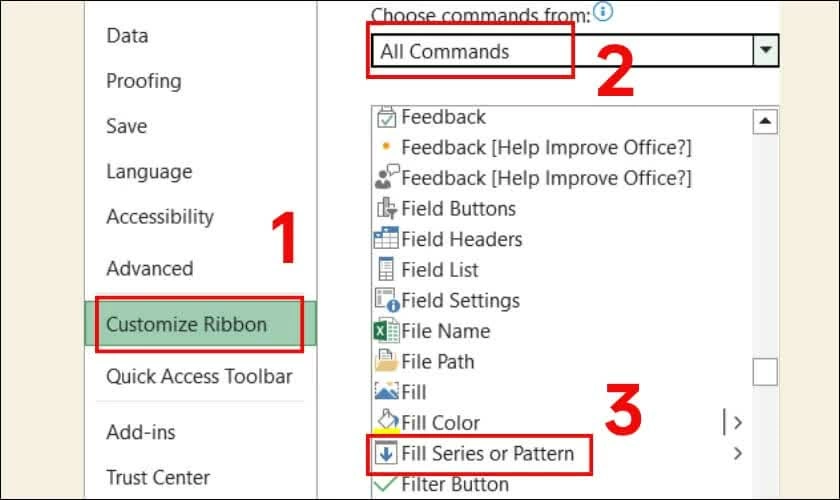 Chọn All Commands rồi tìm đến Filter Series or Pattern.