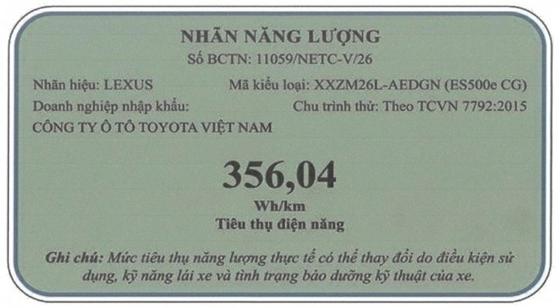  Lexus ES 500e CG mang mã kiểu loại XXZM26L-AEDGN.