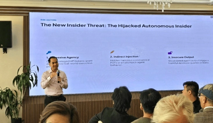 Anh Trung Phan, kỹ sư phần mềm tại Google, chia sẻ tại sự kiện về Bảo đảm an toàn cho tính tự chủ trong kỷ nguyên AI tác nhân, ngày 27/9. Anh Trung Phan, kỹ sư phần mềm tại Google, chia sẻ tại sự kiện về Bảo đảm an toàn cho tính tự chủ trong kỷ nguyên AI tác nhân, ngày 27/9.