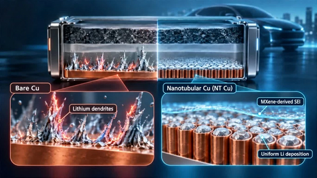 Cấu trúc đồng nano giúp lithium phân bố đều hơn khi sạc, góp phần hạn chế sự hình thành các nhánh tinh thể gây hại. Hình minh họa ý tưởng do AI tạo. Nguồn: KAIST