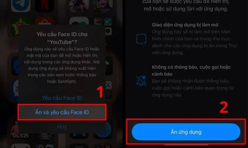 Nhấn Yêu cầu Face ID, tiếp tục chọn Ẩn và yêu cầu Face ID.