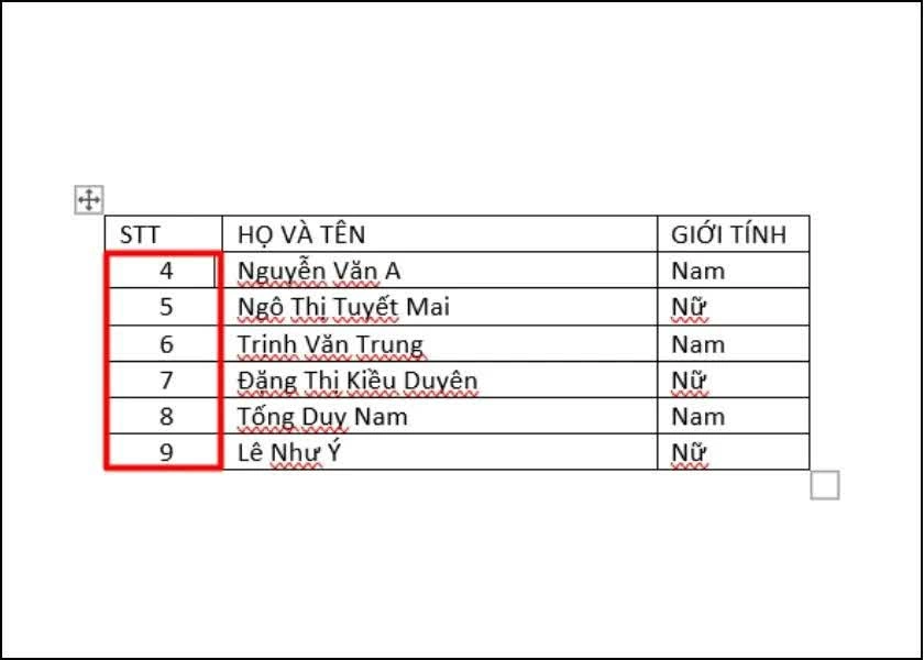 Lúc này, Word sẽ tự động điền dãy số theo thứ tự vào các ô đã chọn. Lúc này, Word sẽ tự động điền dãy số theo thứ tự vào các ô đã chọn.