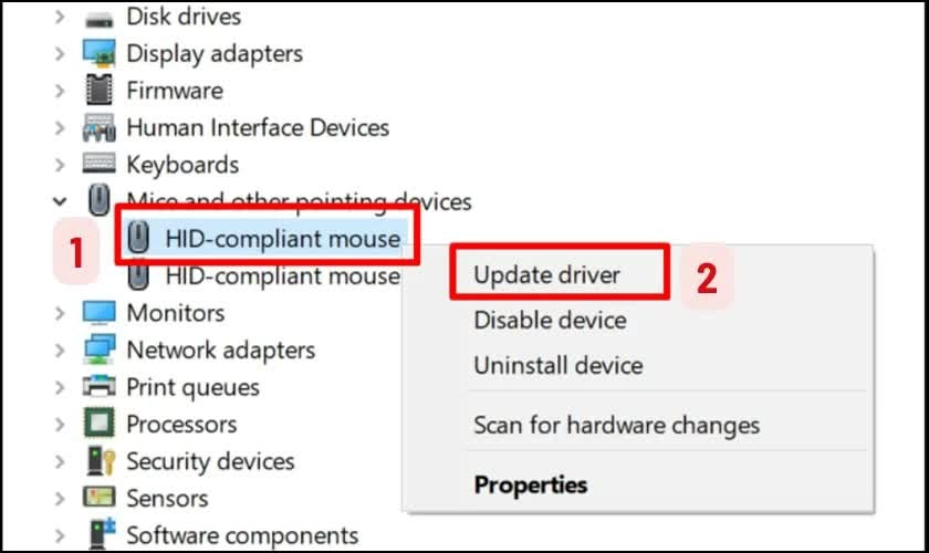 Nhấn chuột phải vào tên thiết bị và chọn Update Driver.