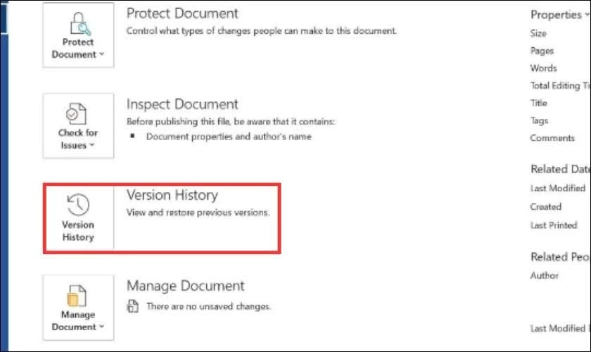 Tiếp tục tìm và nhấn vào Version History. Tiếp tục tìm và nhấn vào Version History.