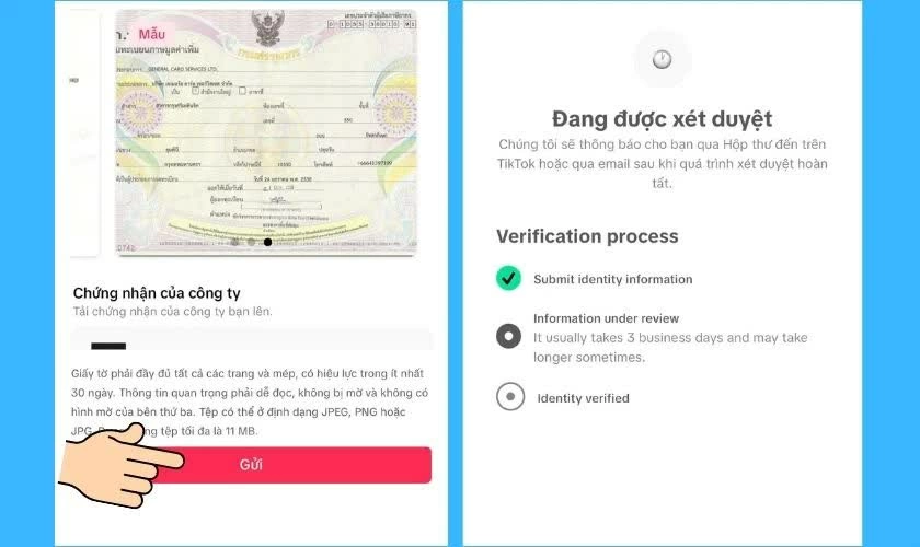 Kiểm tra lại hồ sơ rồi nhấn Gửi để hoàn tất quá trình đăng ký xác minh. Kiểm tra lại hồ sơ rồi nhấn Gửi để hoàn tất quá trình đăng ký xác minh.
