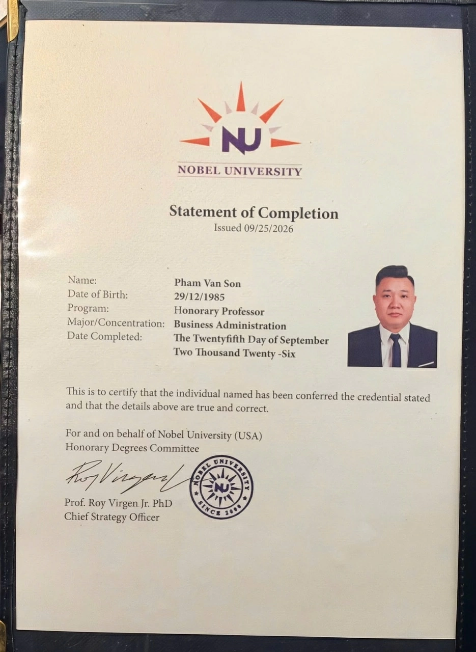Doanh nhân Phạm Văn Sơn được Nobel University trao tặng danh hiệu Giáo sư Danh dự ngành Quản trị Kinh doanh