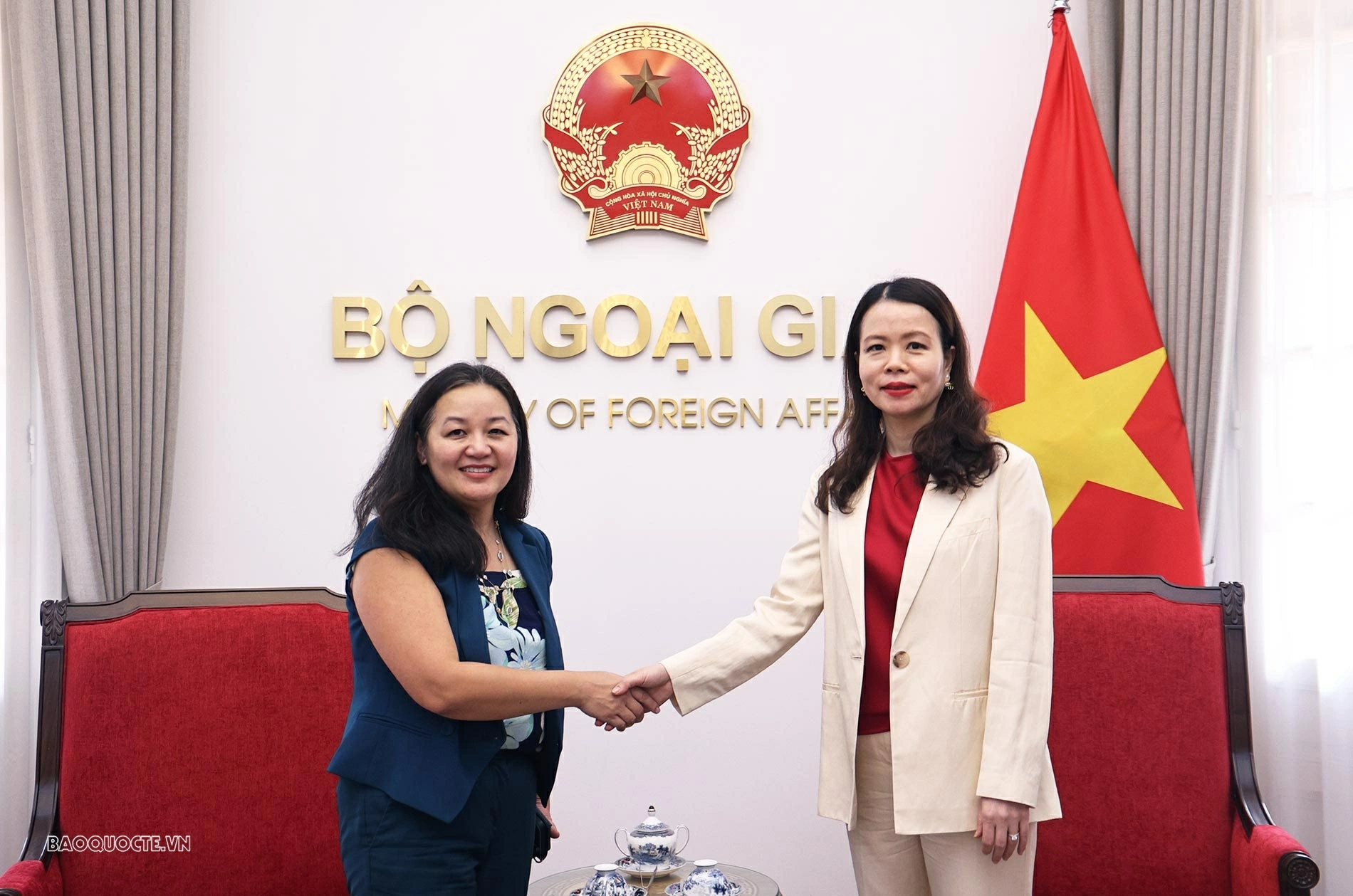 Thứ trưởng Ngoại giao Nguyễn Minh Hằng đã tiếp bà Pamela Phan, nguyên Phó Trợ lý Bộ trưởng Thương mại Hoa Kỳ. (Ảnh: Thành Long)