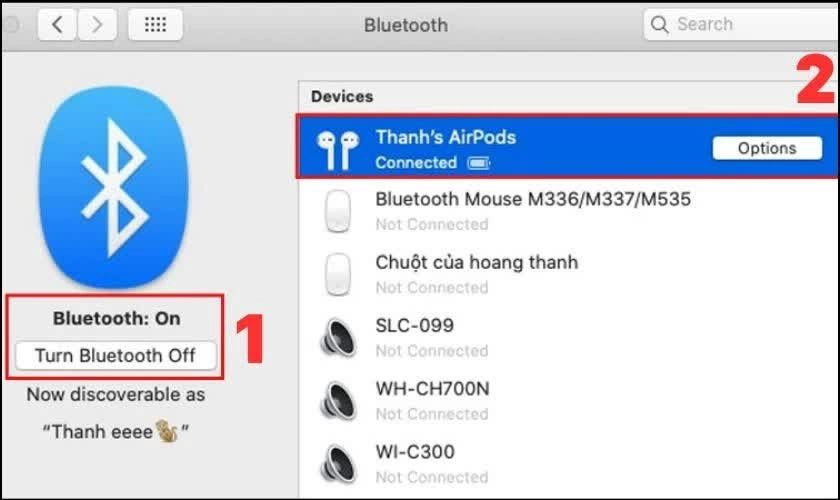 Bật Bluetooth bằng cách chuyển công tắc sang trạng thái ON. 