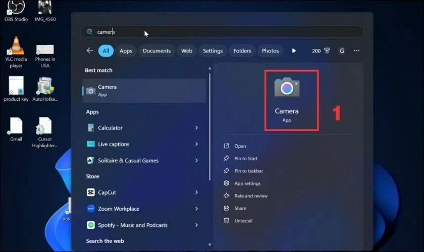 Nhấn phím Windows trên bàn phím, nhập từ khóa Camera. Nhấn phím Windows trên bàn phím, nhập từ khóa Camera.