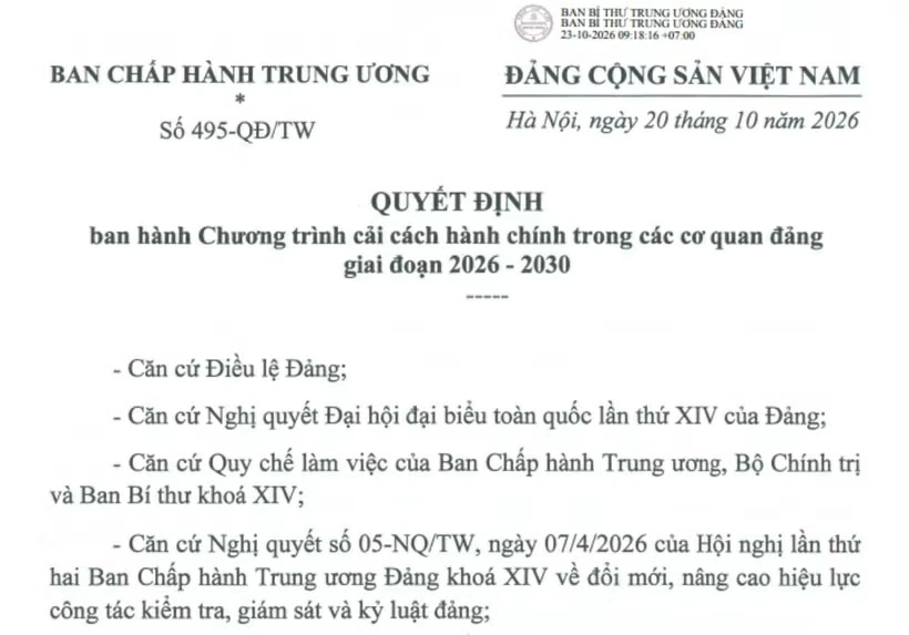 Chương trình cải cách hành chính trong các cơ quan đảng giai đoạn 2026-2030