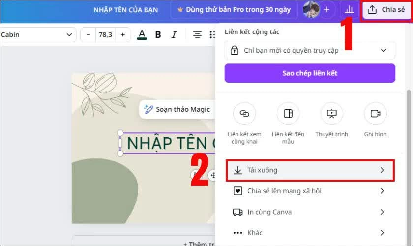Nhấn nút Chia sẻ ở góc trên bên phải giao diện. 