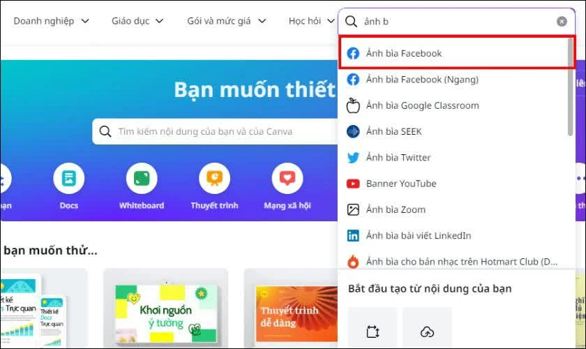 Tìm kiếm và chọn Ảnh bìa Facebook. 