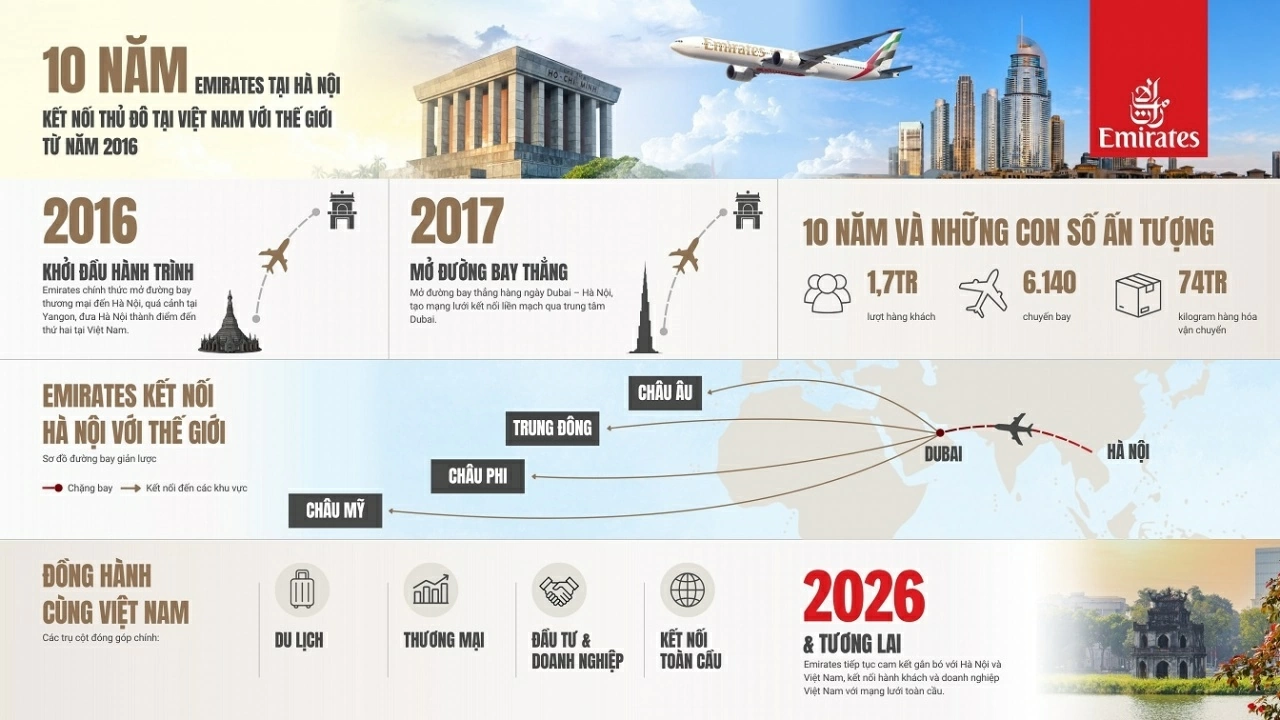 Hãng hàng không Emirates đánh dấu cột mốc 10 năm kết nối Hà Nội với thế giới Hãng hàng không Emirates đánh dấu cột mốc 10 năm kết nối Hà Nội với thế giới