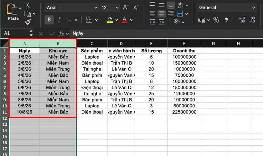 Nhấn vào chữ cái đại diện cho cột cần xóa.