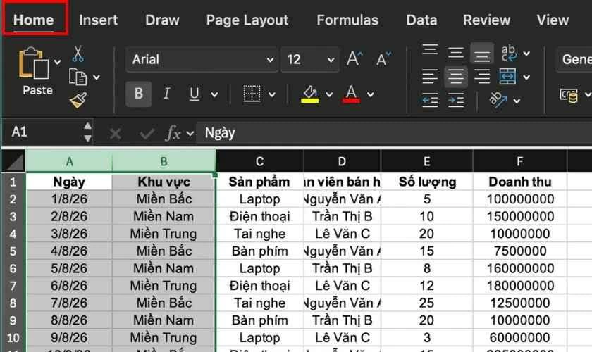 Chọn tab Home để mở các công cụ chỉnh sửa bảng tính.
