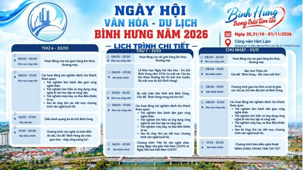 Lịch trình chi tiết Ngày hội Văn hóa - Du lịch xã Bình Hưng năm 2026.