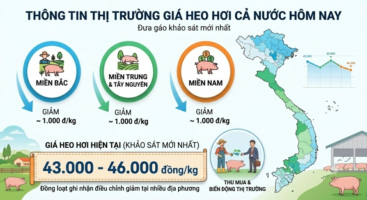 Giá heo hơi hôm nay Giá heo hơi hôm nay 30/10: Đồng loạt ghi nhận giảm tại nhiều địa phương, giao dịch trong khoảng 43.000 - 46.000 đồng/kg