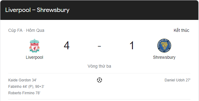 Link xem trực tiếp Liverpool vs Shrewsbury (21h ngày 9/1) vòng 3 Cup FA