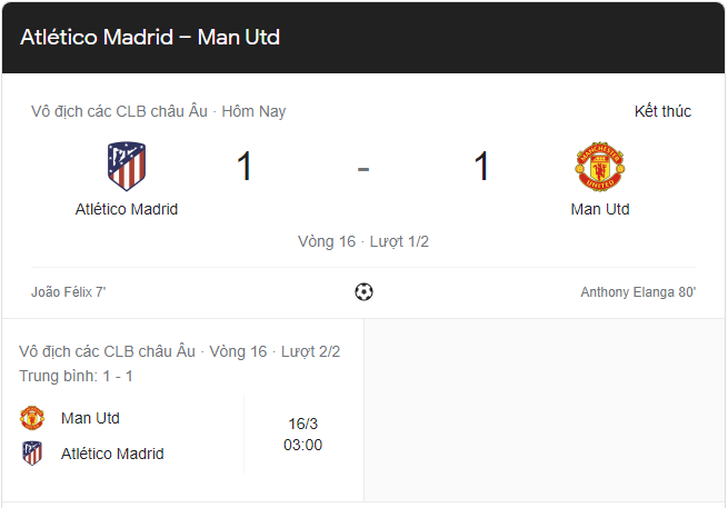 Link xem trực tiếp Atletico Madrid vs MU 3h00 ngày 24/02 lượt đi vòng 1/8 Cúp C1