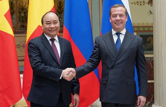 Hình ảnh Thủ tướng Nguyễn Xuân Phúc hội đàm với Thủ tướng Dmitry Medvedev