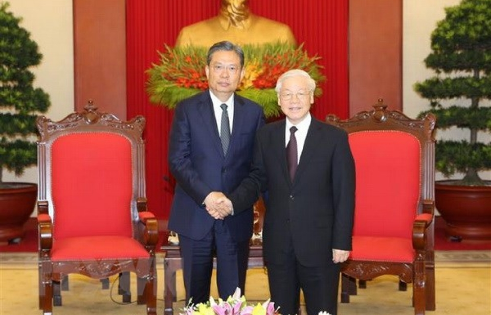Tổng Bí thư Nguyễn Phú Trọng tiếp Bí thư Ủy ban Kiểm tra Kỷ luật Trung ương Đảng Cộng sản Trung Quốc