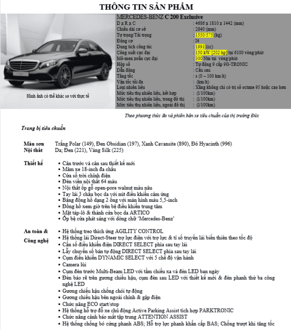 Giá xe Mercedes C200 Exclusive mới nhất Việt Nam tháng 11/2020