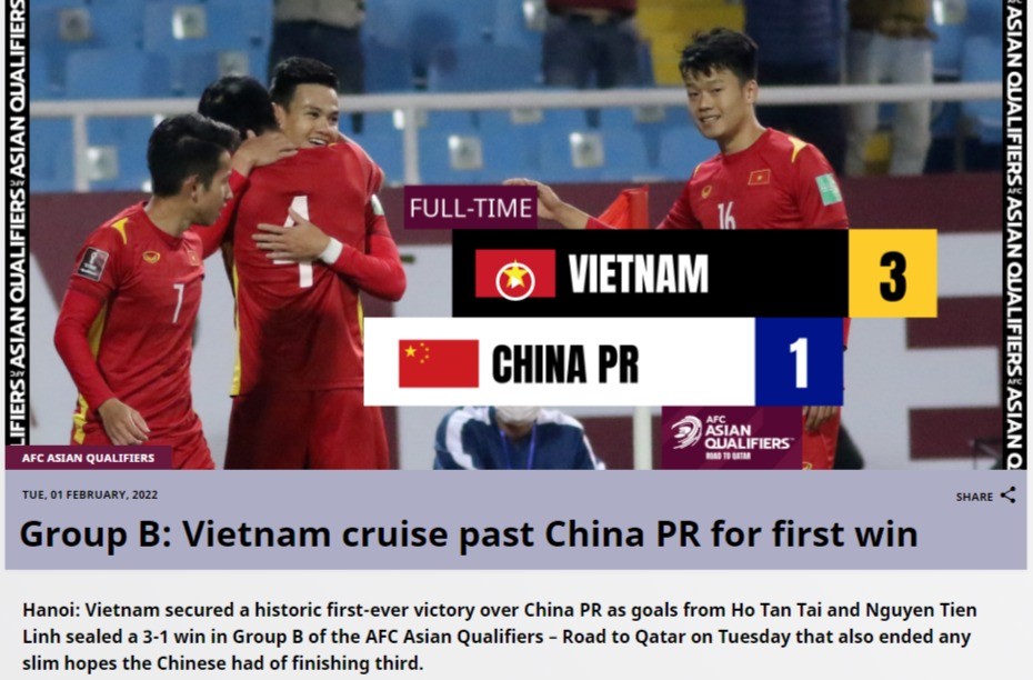 Bài đăng trên trang chủ của AFC về chiến thắng lịch sử của đội tuyển Việt Nam trước Trung Quốc.