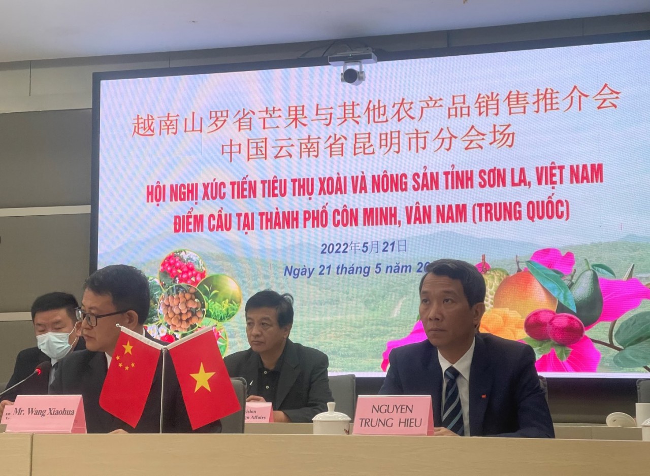 Ông Nguyễn Trung Hiếu, Tổng Lãnh sự Việt Nam tại Côn Minh, Trung Quốc tham dự Hội nghị trực tuyến xúc tiến tiêu thụ Xoài và nông sản tỉnh Sơn La năm 2022 tại điểm cầu Côn Minh.