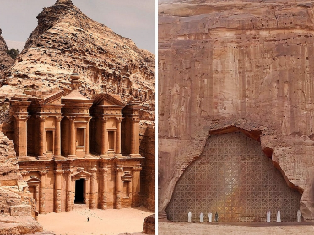 Bên trái là hình ảnh bên ngoài tu viện ở Petra, thủ đô cổ của người Nabateans nằm ở Jordan ngày nay. Và hình ảnh bên phải là bên ngoài của Sharaan by Jean Nouvel Resort được dự kiến mở cửa vào năm 2024.