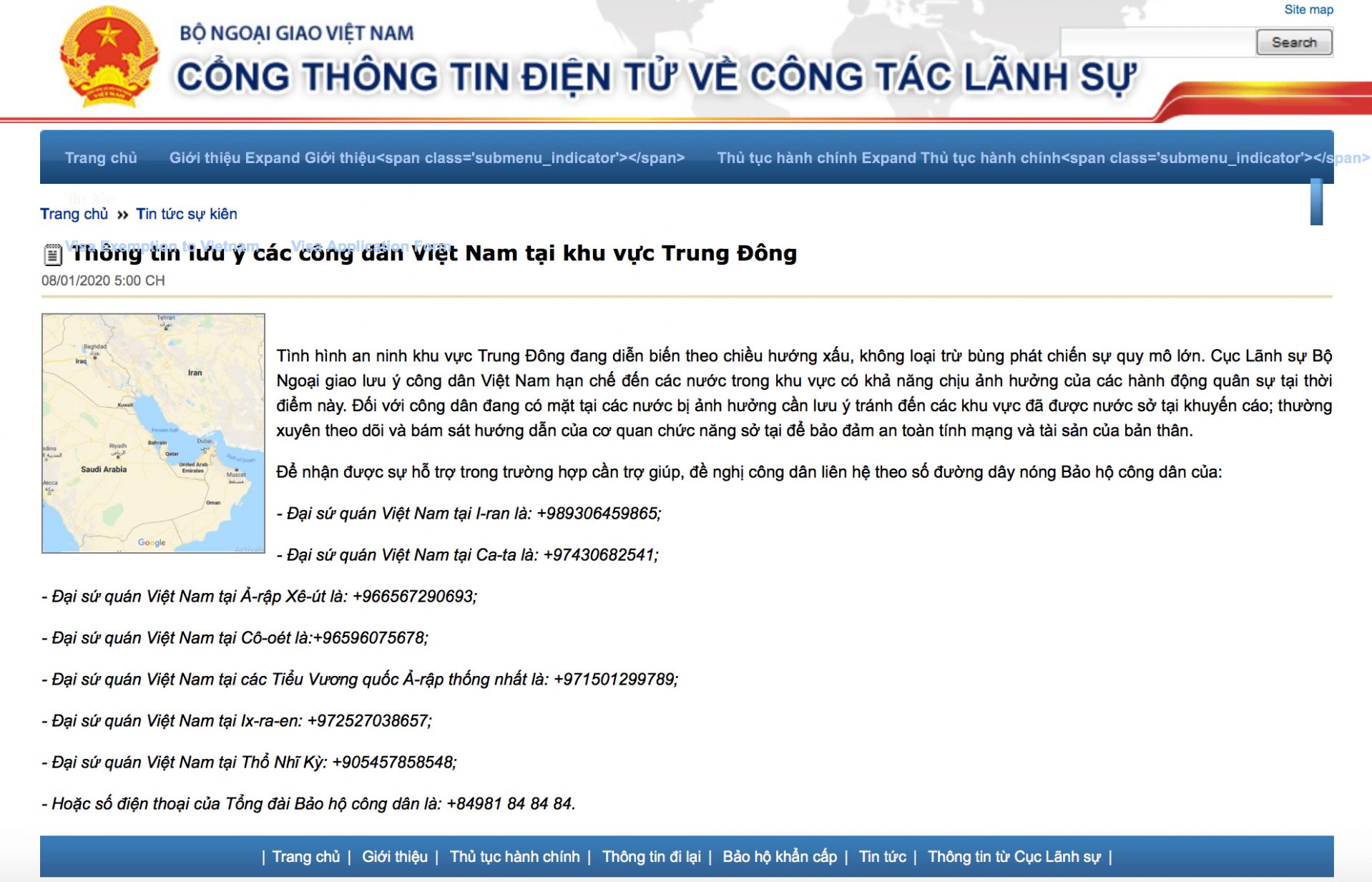 Cục Lãnh sự, Bộ Ngoại giao ra thông cáo lưu ý công dân Việt Nam ở Trung Đông