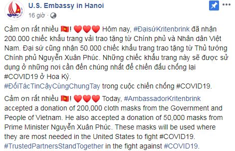 Đại sứ Mỹ cảm ơn Việt Nam gửi tặng khẩu trang vải kháng khuẩn nhằm chống dịch Covid-19
