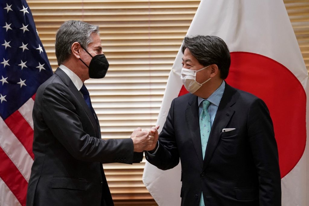 Ngoại trưởng Mỹ, Nhật Bản đề cập Biển Đông; chia sẻ quan ngại sâu sắc liên quan vấn đề Nga-Ukraine. (Nguồn: AFP)
