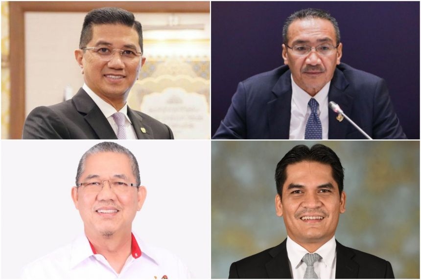 Các Bộ trưởng cấp cao được giữ lại bao gồm (theo chiều kim đồng hồ, từ trên cùng bên trái) Ông Azmin Ali, Ông Hishammuddin Hussein, Ông Radzi Jidin và Ông Fadillah Yusof. (Nguồn: The Straits Times)
