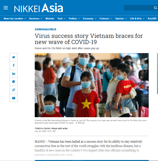 Một bài viết trên báo Nikkei Asia (Nhật Bản) về công cuộc phòng chống Covid-19 của Việt Nam. (Ảnh chụp màn hình)