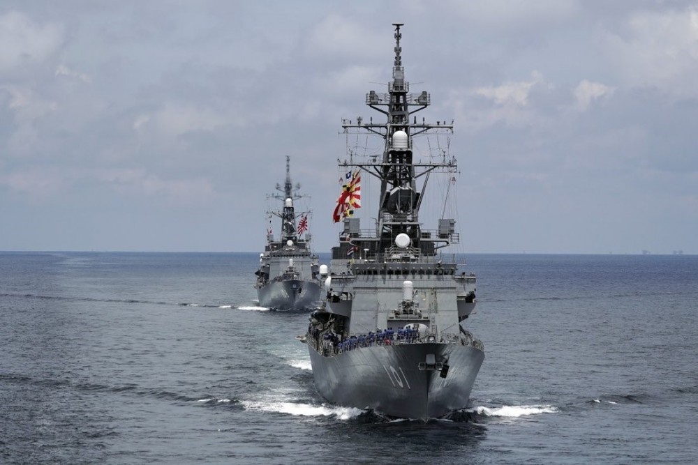 Japanese destroyers Akebono and Murasame take part in a drill off the coast of Brunei. Photo: AP