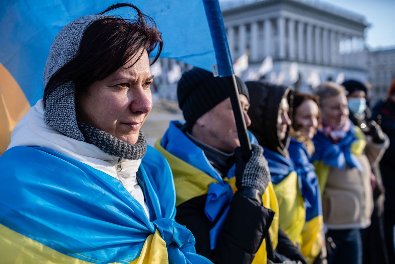 Biểu tình phản đối chiến tranh ở Quảng trường Độc lập, thủ đô Kiev, Ukraine ngày 12/2. (Nguồn: CNN)