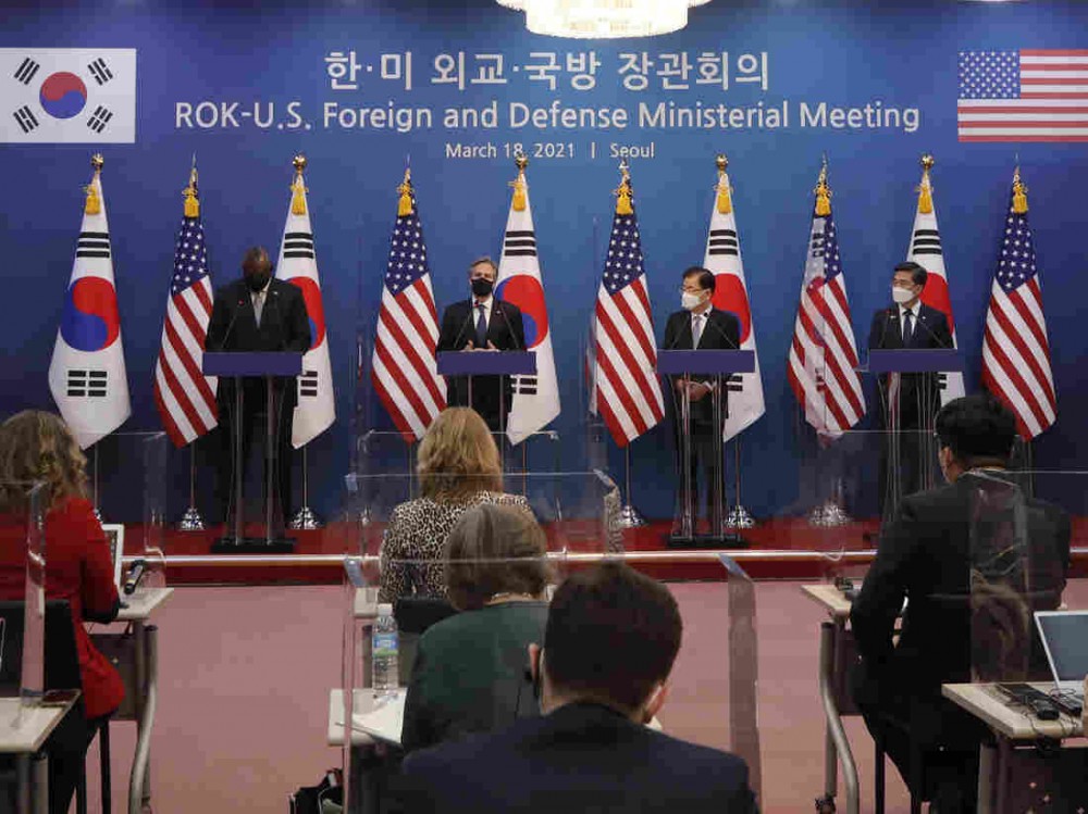 Bộ trưởng Ngoại giao và Quốc phòng Mỹ-Hàn Quốc họp 2+2 tại thủ đô Seoul ngày 18/3. (Nguồn: AP)